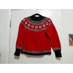 Vintage Danspin Fair Isle Sweater Hand Knitted Denmark Wool Med Red White Green